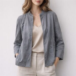 Eileen Fisher Lightweight Linen Blend Classic Open Front Jacket Charcoal Sz-S